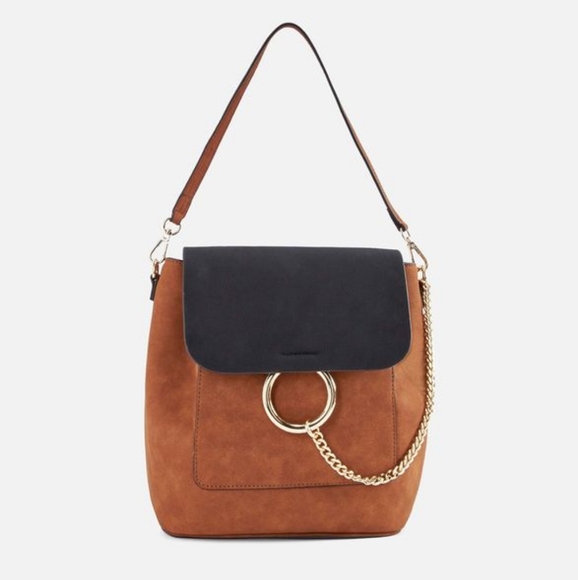 JustFab Handbags - Convertible Purse Backpack | Suede Cognac with Black Flap